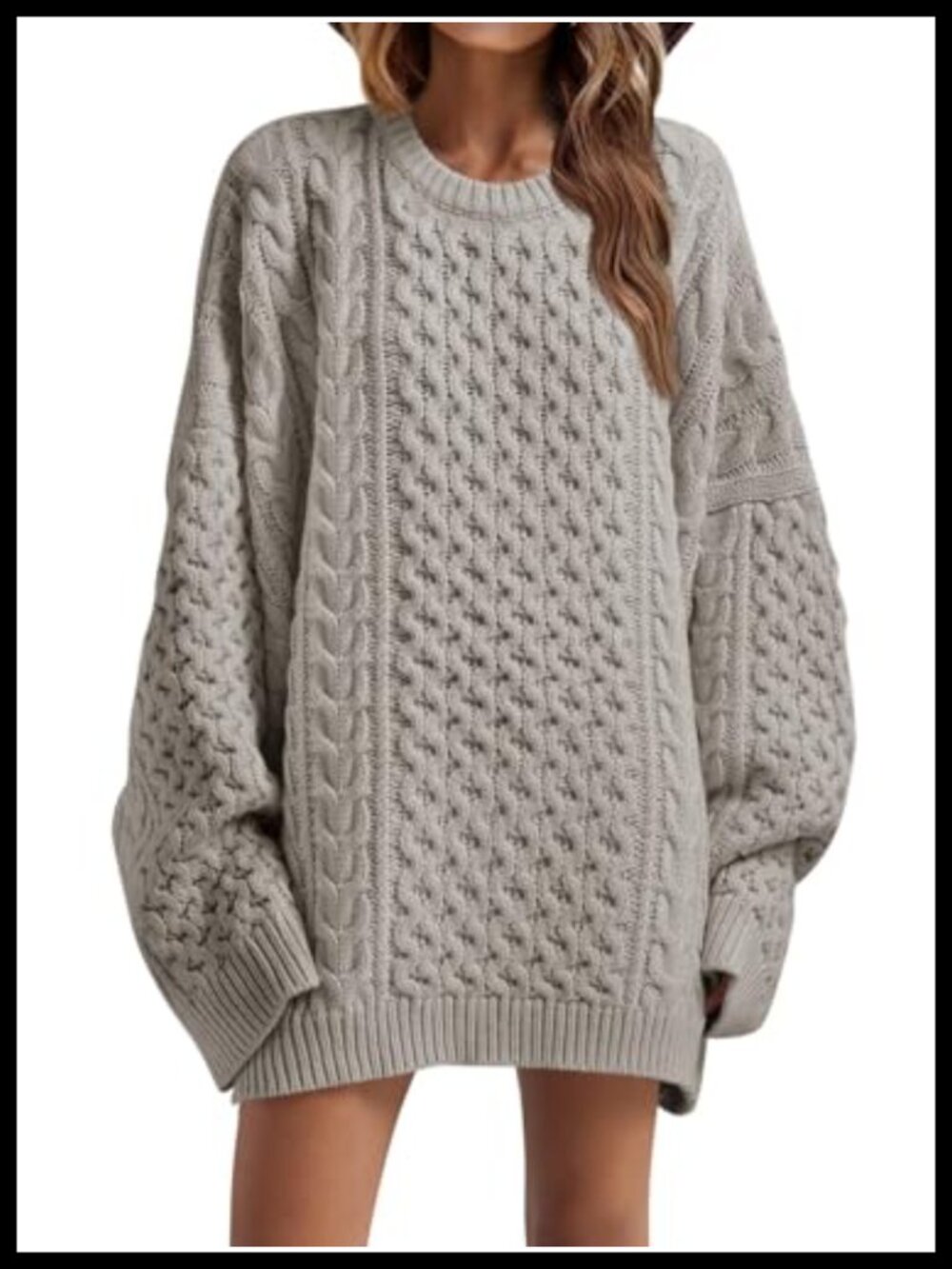 Oversized Chunky Cable Knit Tunic Sweater Crewneck Long Sleeve Pullover